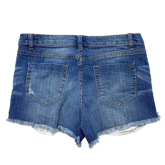 BONGO Peekaboo Pocket Denim Cutoff Shorts Size 7 Raw Hem Blue Lace Boho Midrise - Picture 2 of 8
